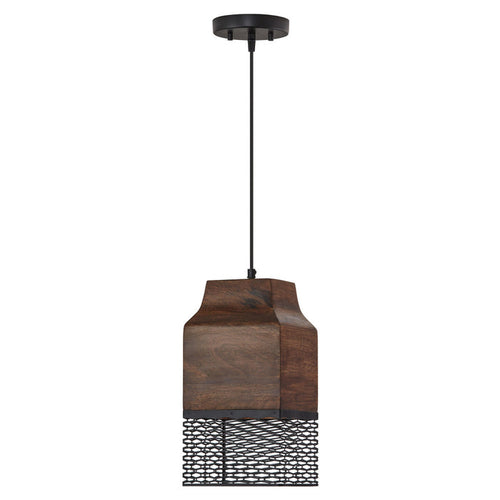 1-Light Black Metal Cage and Brown Wood Pendant