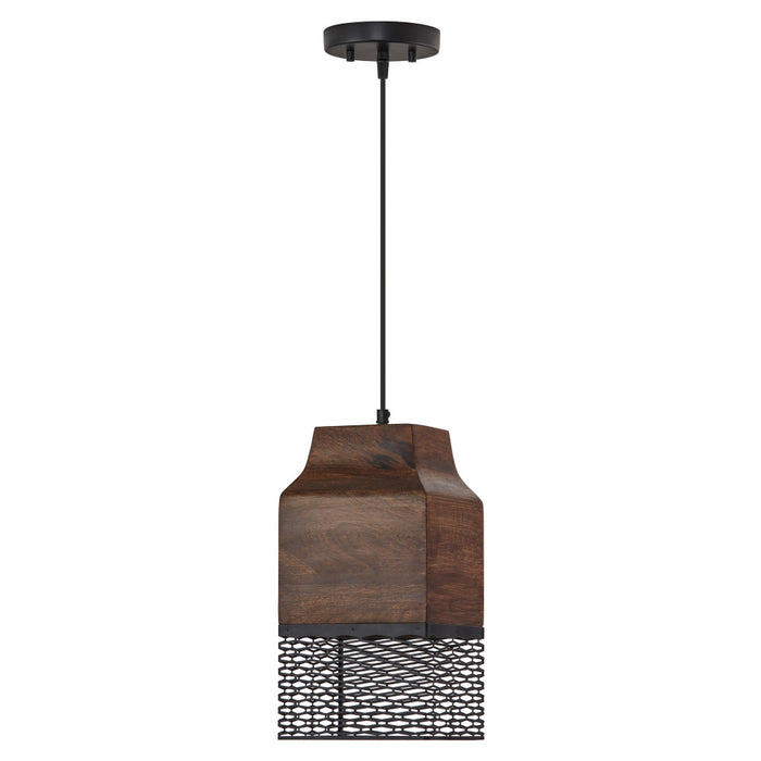 1-Light Black Metal Cage and Brown Wood Pendant
