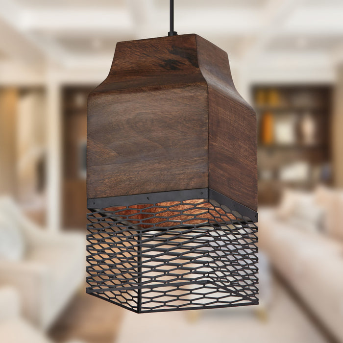 1-Light Black Metal Cage and Brown Wood Pendant