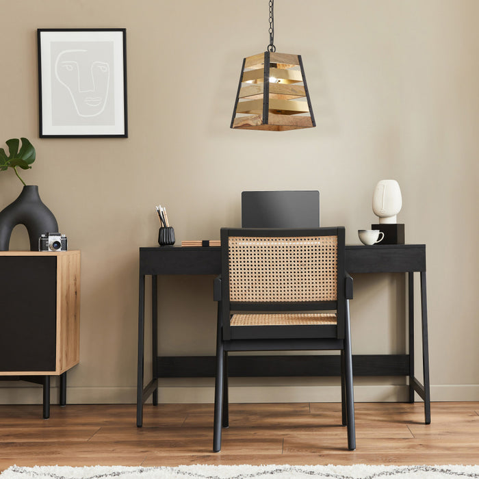 1-Light Metal Hanging Pendant with Mango Wood and Gold Metal Slats Shade in a modern home office with a desk, chair, and decorative items.