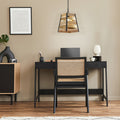 1-Light Metal Hanging Pendant with Mango Wood and Gold Metal Slats Shade in a modern home office with a desk, chair, and decorative items.