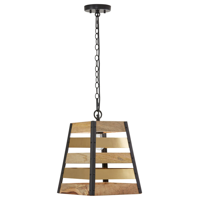 1-Light Metal Hanging Pendant with Mango Wood and Gold Metal Slats Shade-On