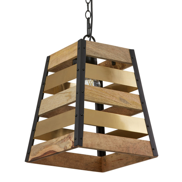 1-Light Metal Hanging Pendant with Mango Wood and Gold Metal Slats Shade. Shade Close Up-Off