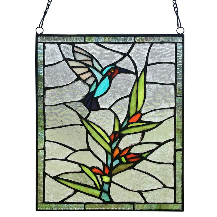 10" H Happy Hummingbird Stained Glass Window Panel