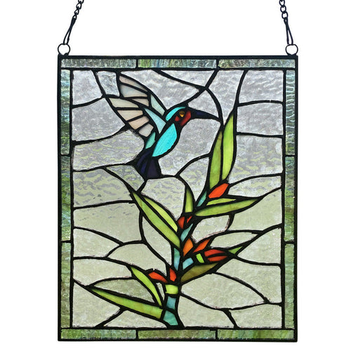 10" H Happy Hummingbird Stained Glass Window Panel