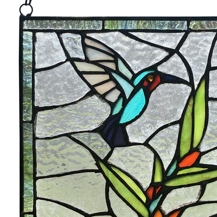 10" H Happy Hummingbird Stained Glass Window Panel. Close up