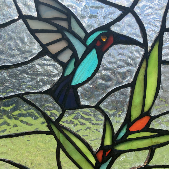 10" H Happy Hummingbird Stained Glass Window Panel. Close up