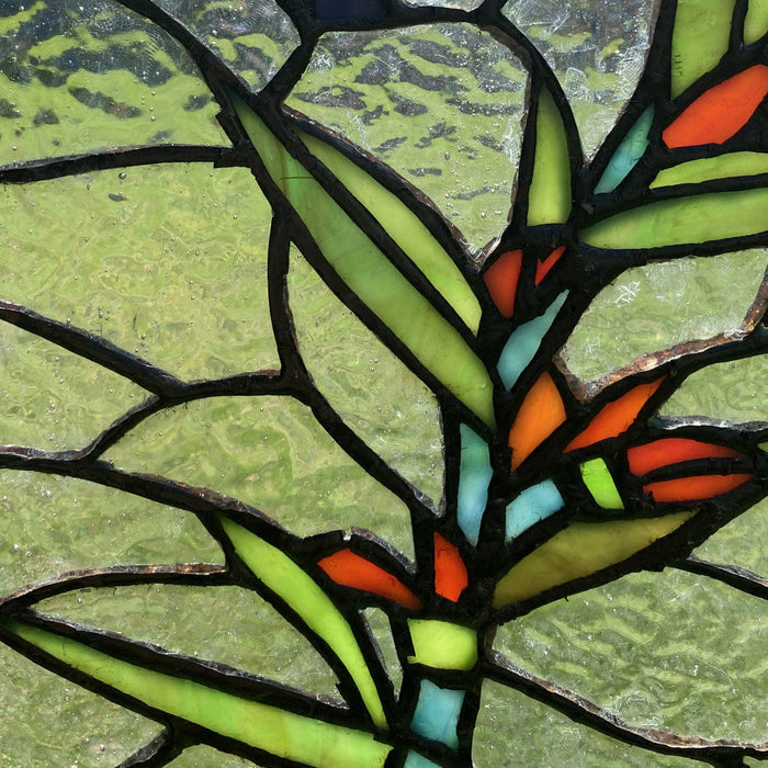 10" H Happy Hummingbird Stained Glass Window Panel. Close up