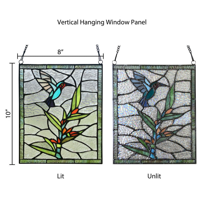 10" H Happy Hummingbird Stained Glass Window Panel. Dimensions and backlit/front lit comparison