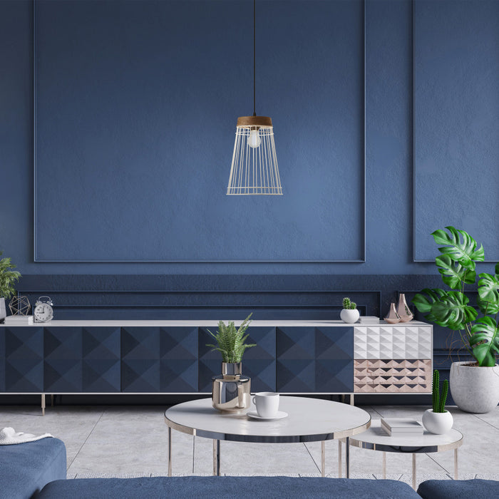 10" W 1-Light Judy White Metal and Brown Wood Pendant hanging in a modern living room with blue walls, a white coffee table, and decorative plants.