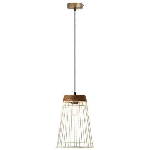 10" W 1-Light Judy White Metal and Brown Wood Pendant-On