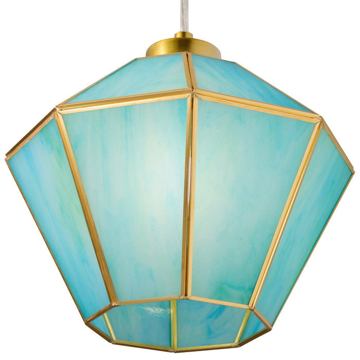 10" W Bouvier Metal and Stained Glass Pendant Light. Close up of shade lit