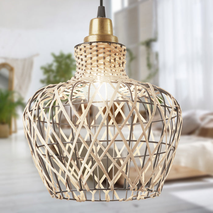 10.25" W 1-Light Betsy Rattan and Metal Pendant with a blurred indoor background