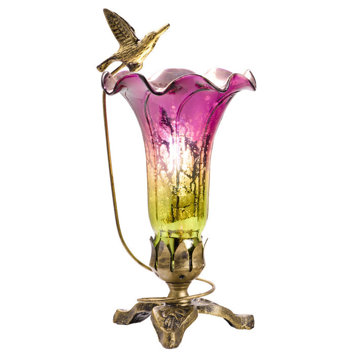 10.25"H Hand Blown Mercury Glass Hummingbird Lily Lamp-On