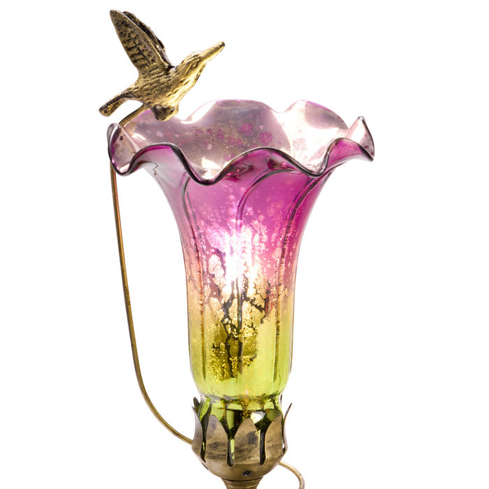 10.25"H Hand Blown Mercury Glass Hummingbird Lily Lamp. Shade closeup-On