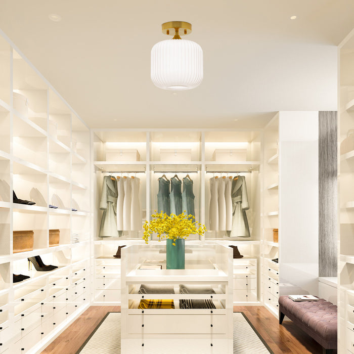 10.25"H Jeanine Globe Ceiling Light in a modern walk-in closet with white shelves, clothing, and a vase with yellow flowers.
