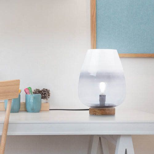 10.5" H Briggs Blue/White Ombre Globe-Like Shade Accent Lamp with a Mango Wood Block Base on a desk.