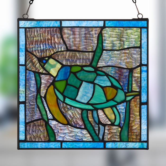 10.5"H Tommy the Green Sea Turtle Stained Glass Window Panel
with a blurred background