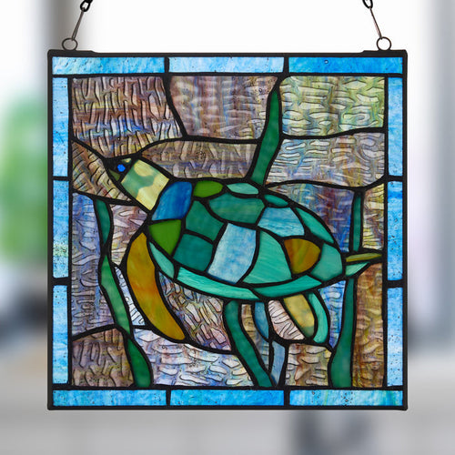 10.5"H Tommy the Green Sea Turtle Stained Glass Window Panel
with a blurred background