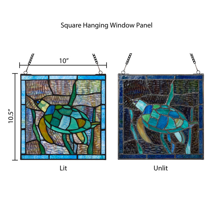 10.5"H Tommy the Green Sea Turtle Stained Glass Window Panel. Comparison between back lit (left) and front light (right)