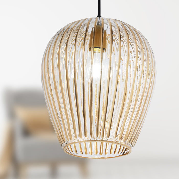 10.75" W Zoe Modern Clear and Gold Dome Shade Pendant Light on a blurred background