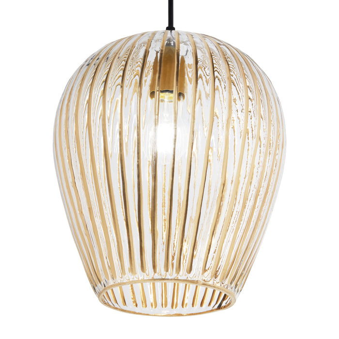 10.75" W Zoe Modern Clear and Gold Dome Shade Pendant Light. Shade close up, lit