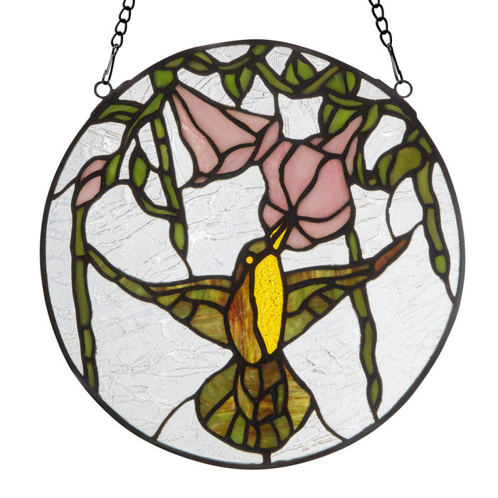 10"H Hummingbird and Hibiscus Round Stained Glass Window Panel-Backlit