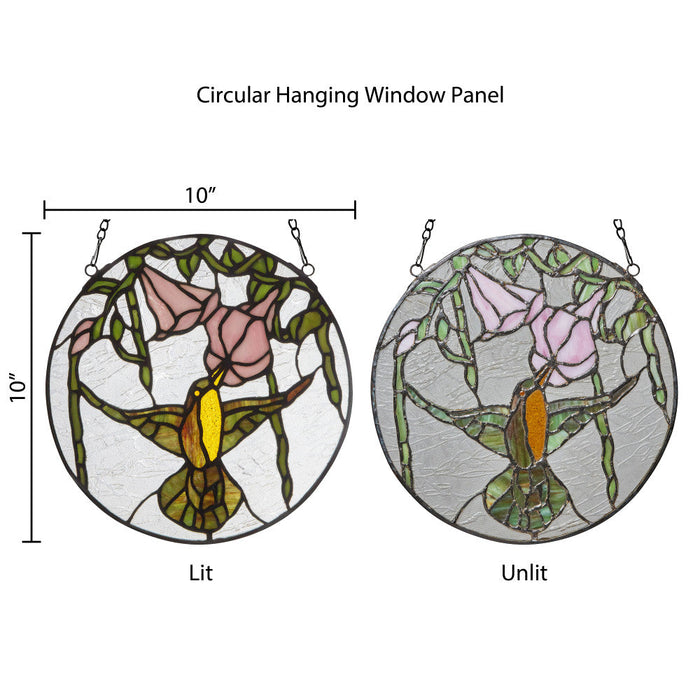 10"H Hummingbird and Hibiscus Round Stained Glass Window Panel - comparison between backlit and front lit