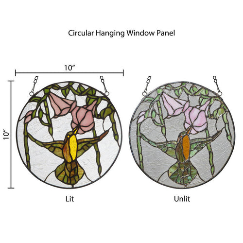 10"H Hummingbird and Hibiscus Round Stained Glass Window Panel - comparison between backlit and front lit