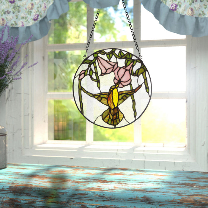 10"H Hummingbird and Hibiscus Round Stained Glass Window Panel