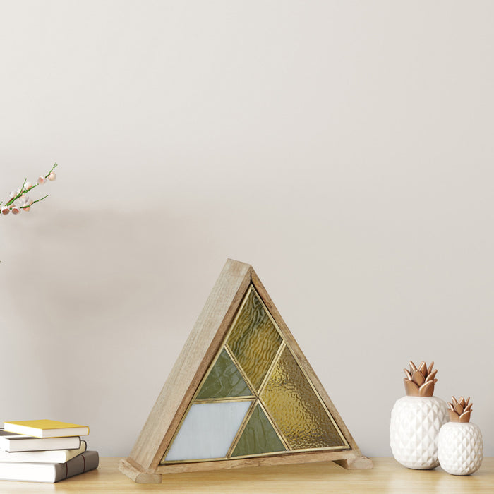 11" H Stained Glass Triangle Shade Wood Base Accent Lamp on a wooden surface with a neutral background