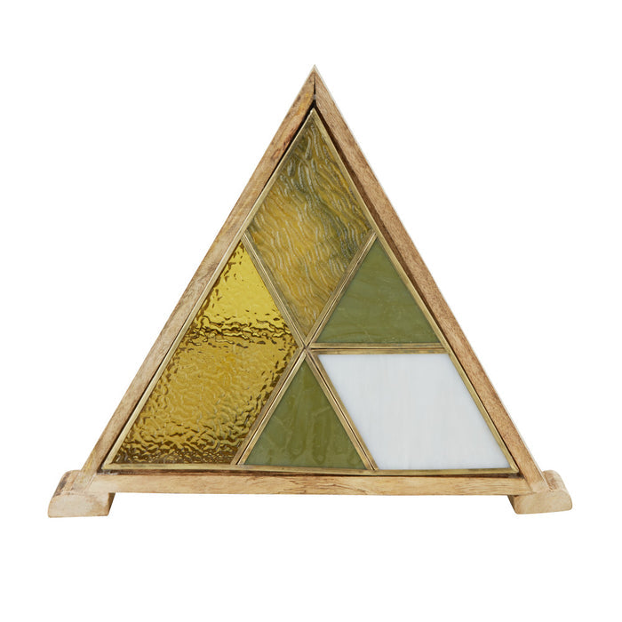 11" H Stained Glass Triangle Shade Wood Base Accent Lamp-Off