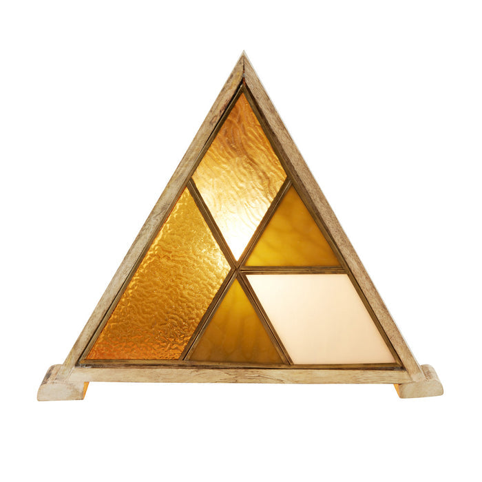 11" H Stained Glass Triangle Shade Wood Base Accent Lamp-On