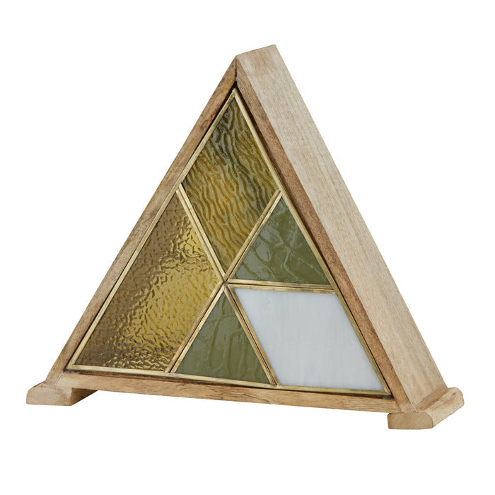 11" H Stained Glass Triangle Shade Wood Base Accent Lamp-Off
