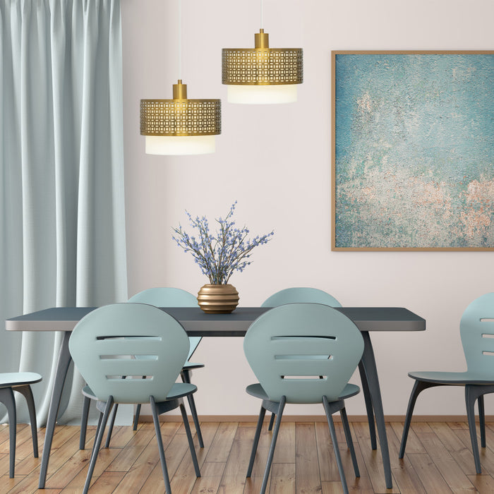 11.125"W 2-Piece Shade Pendant Adjustable Light in a dining room with a table and chairs, and a painting on the wall.