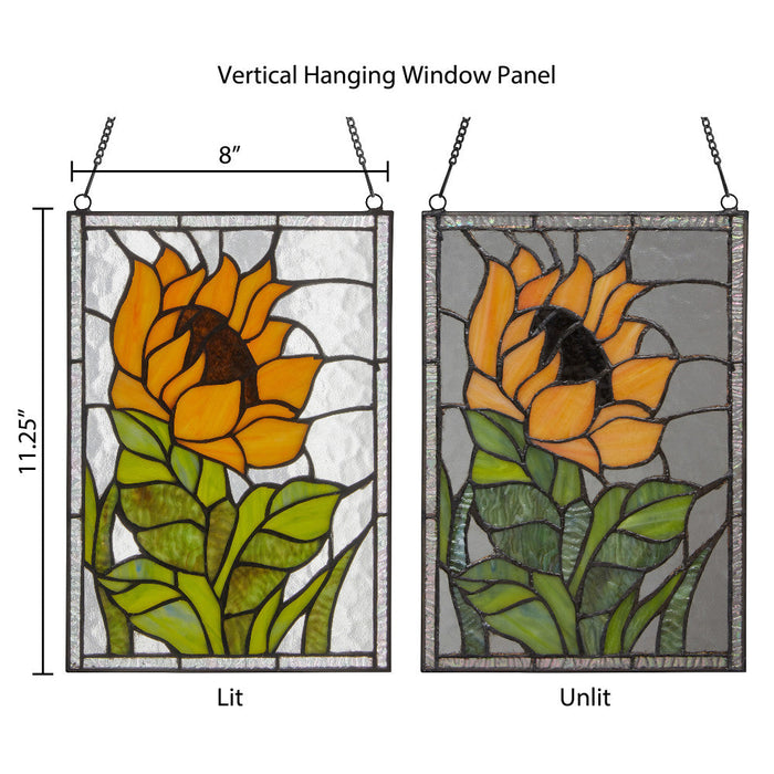 11.25”H Multicolored Sunflower Stained Glass Window Panel. Comparison between backlit and front lit