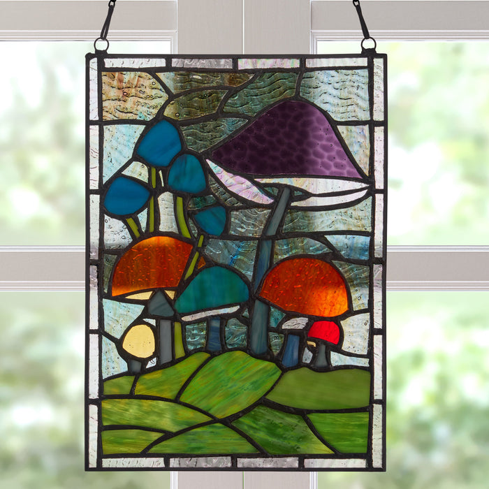 11.5"H Erin Green Mushrooms Stained Glass Window Panel hanging against a blurred natural background