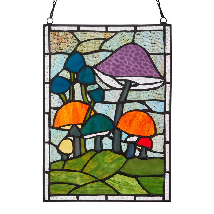 11.5"H Erin Green Mushrooms Stained Glass Window Panel -Backlit