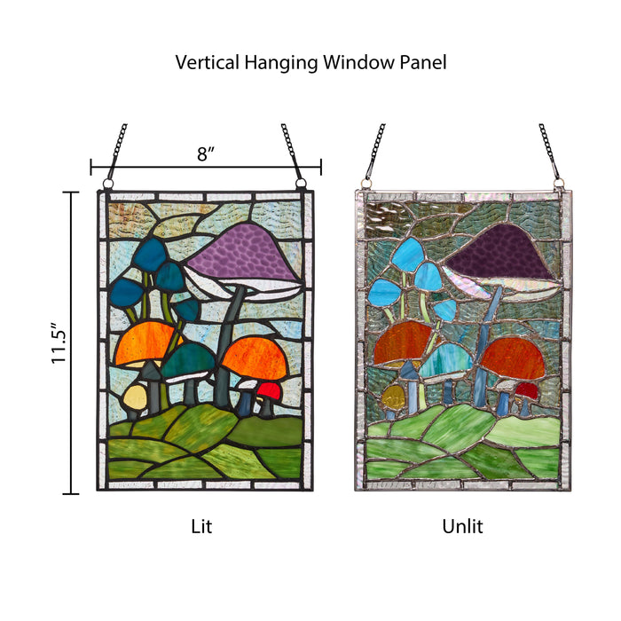 11.5"H Erin Green Mushrooms Stained Glass Window Panel. Comparison between backlit (left) and front lit (right)