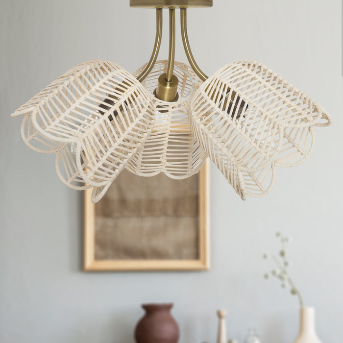 11.5"H Gold-Colored Metal Ceiling Light with Rattan Shades in a room setting