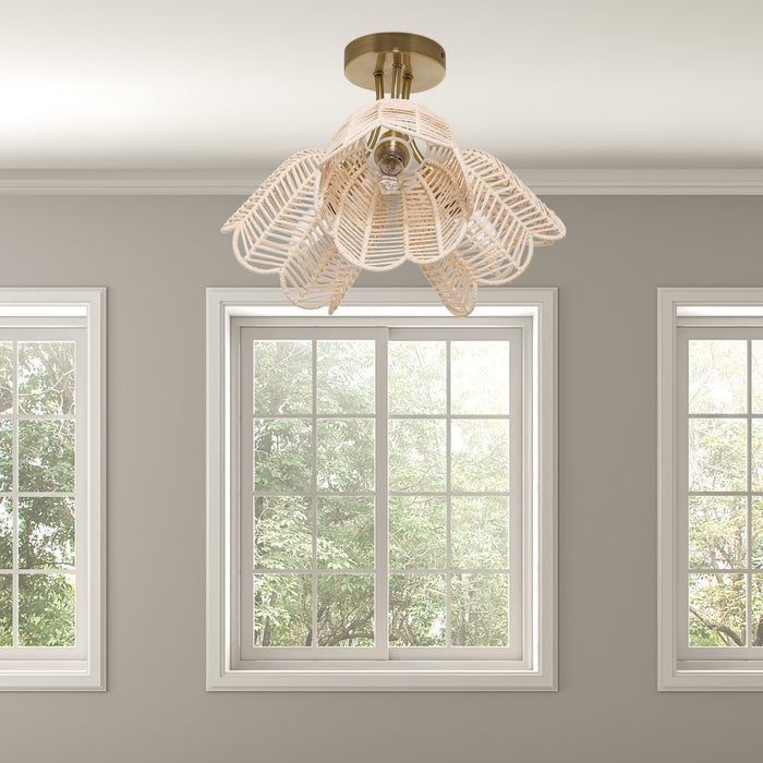 11.5"H Gold-Colored Metal Ceiling Light with Rattan Shades