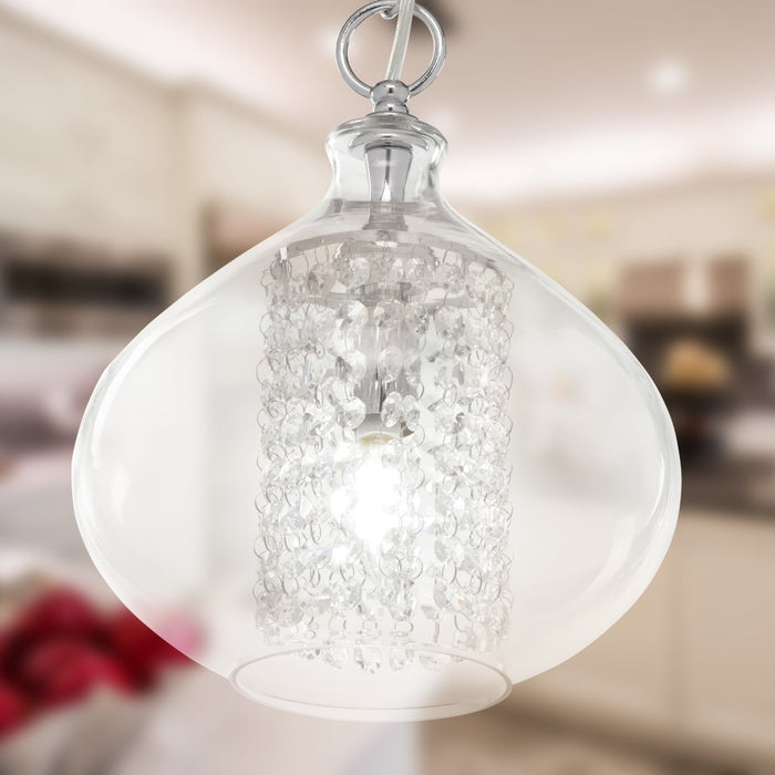 11.75"H Glass + Faceted Crystal Glass Jewels Plug-in and Hardwire Hanging Pendant with a blurred background