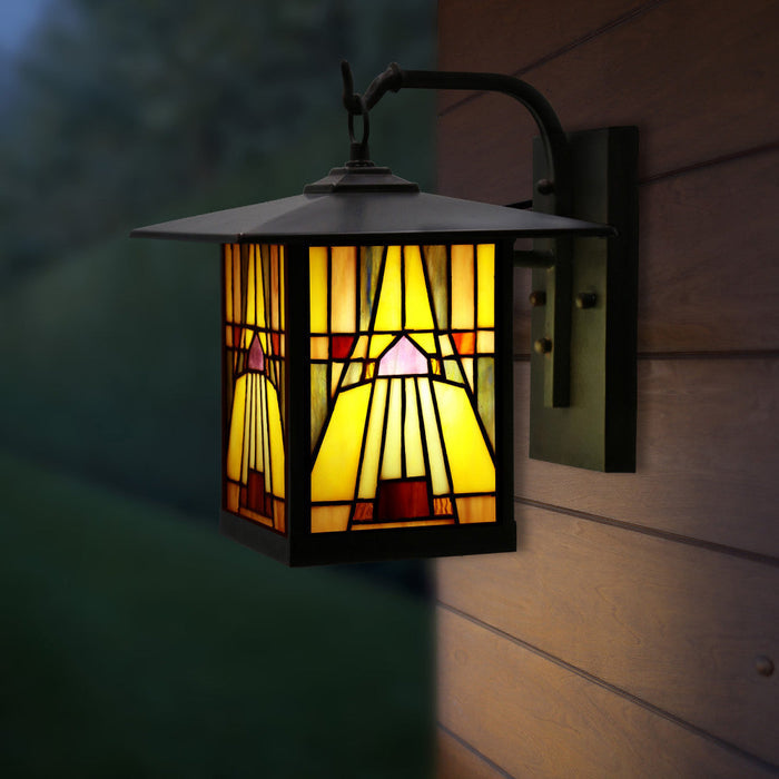11.75"H Mission 1-Light Stained Glass Oil Rubbed Bronze Outdoor Light Fixture on an exterior wall.