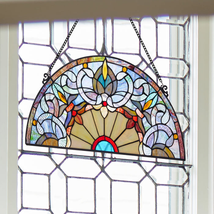 11"H Victorian Corista Half-Moon Stained Glass Window Panel hanging in window
