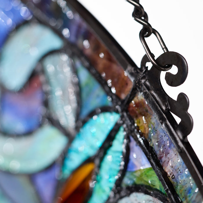 11"H Victorian Corista Half-Moon Stained Glass Window Panel - Close up