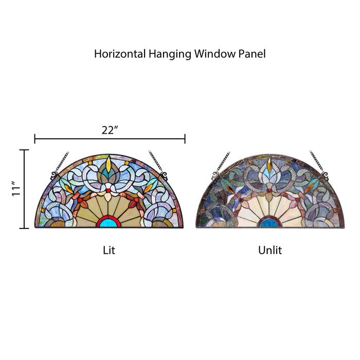 11"H Victorian Corista Half-Moon Stained Glass Window Panel-Comparison between backlit and frontlit