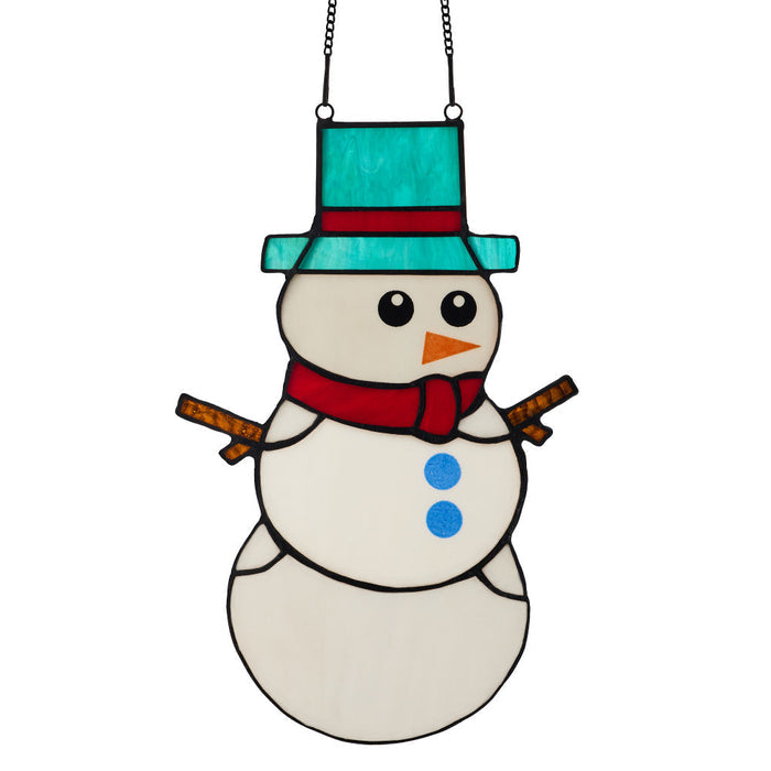 12" H Tiffany-Style Spirited Holiday Snowman Stained Glass Window Panel-Backlit