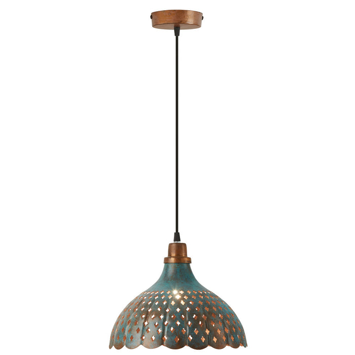 12" W 1-Light Orlando Faux Blue Patina Metal Pendant. Lit