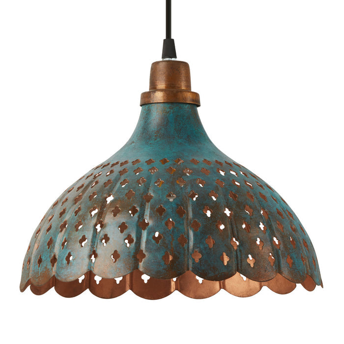 12" W 1-Light Orlando Faux Blue Patina Metal Pendant. Close up of shade unlit