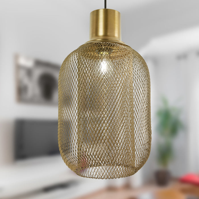 12" W Industrial Gold Mesh Oval Shade Pendant Light in a room setting
